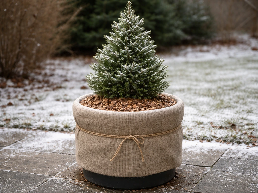 Potted evergreen tree wrapped in insulating blanket with mulch around the base in a snowy yard