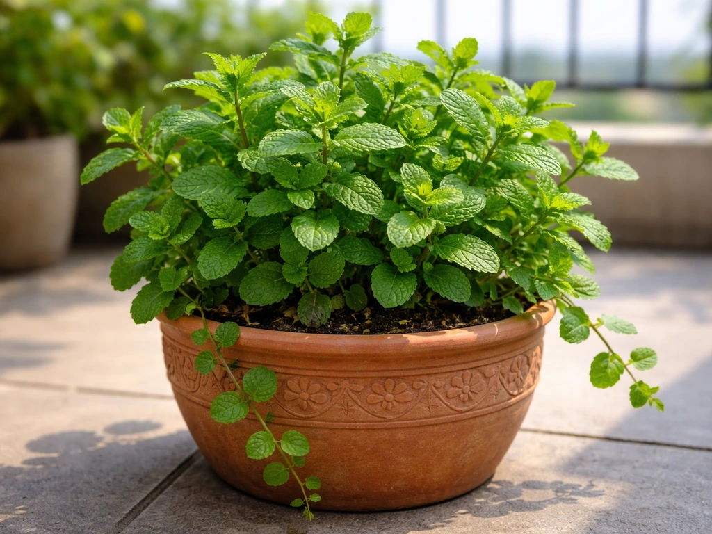 Lush pudina mint plant thriving in a decorative pot on a sunlit balcony patio