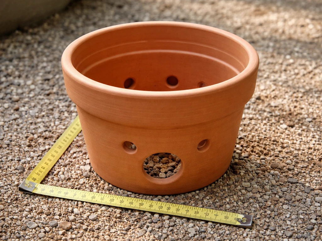 Terracotta pot with drainage holes next to a tape measure suggesting an 8-inch deep, 10–12 inch wide size.