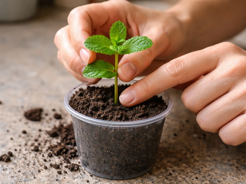 Hands holding a 4–6 inch pudina cutting and planting it into a small pot with damp soil mix