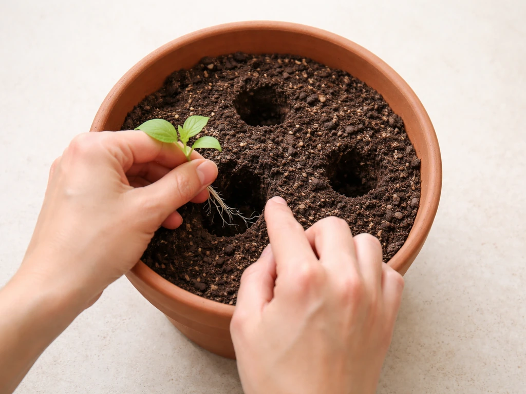 Top-down view of hands making a small hole and placing a seedling in a pot with evenly spaced holes.