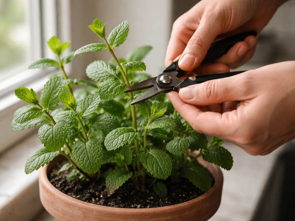 Hands pruning a mint plant in a clay pot, cutting just above a leaf node with fresh regrowth visible
