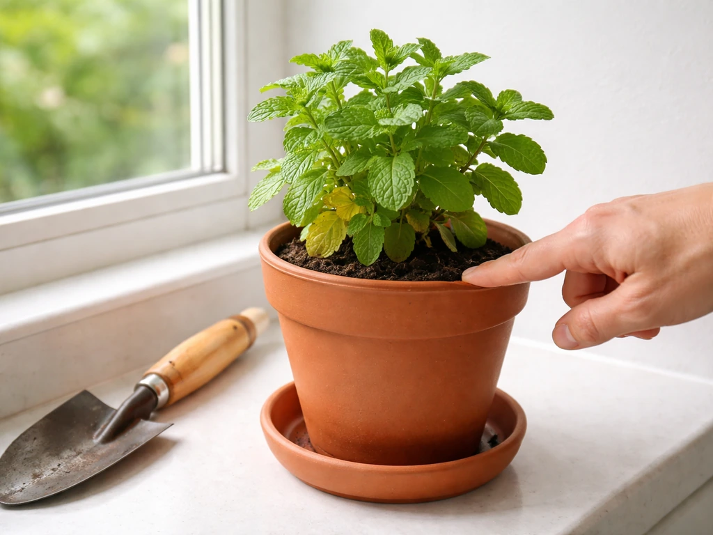 Close-up of a pudina pot showing yellow lower leaves, with checked soil moisture and cleared drainage setup.
