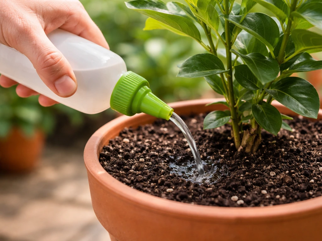 Close-up of hand applying liquid fertilizer to a potted mandevilla, soaking into the soil.