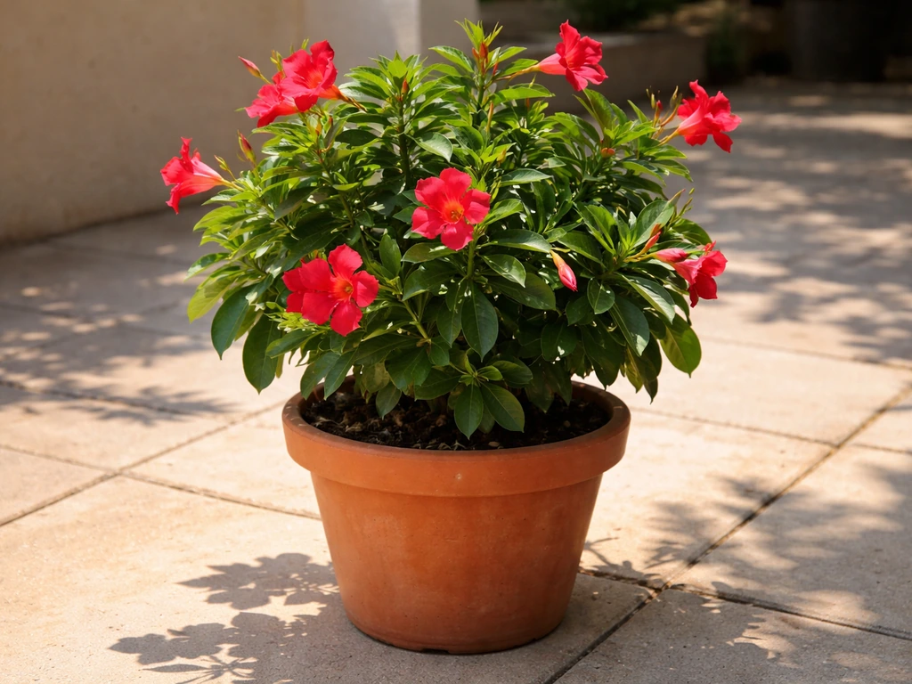 Mandevilla in a terracotta pot on a sunny patio with strong direct light and a few pink blossoms