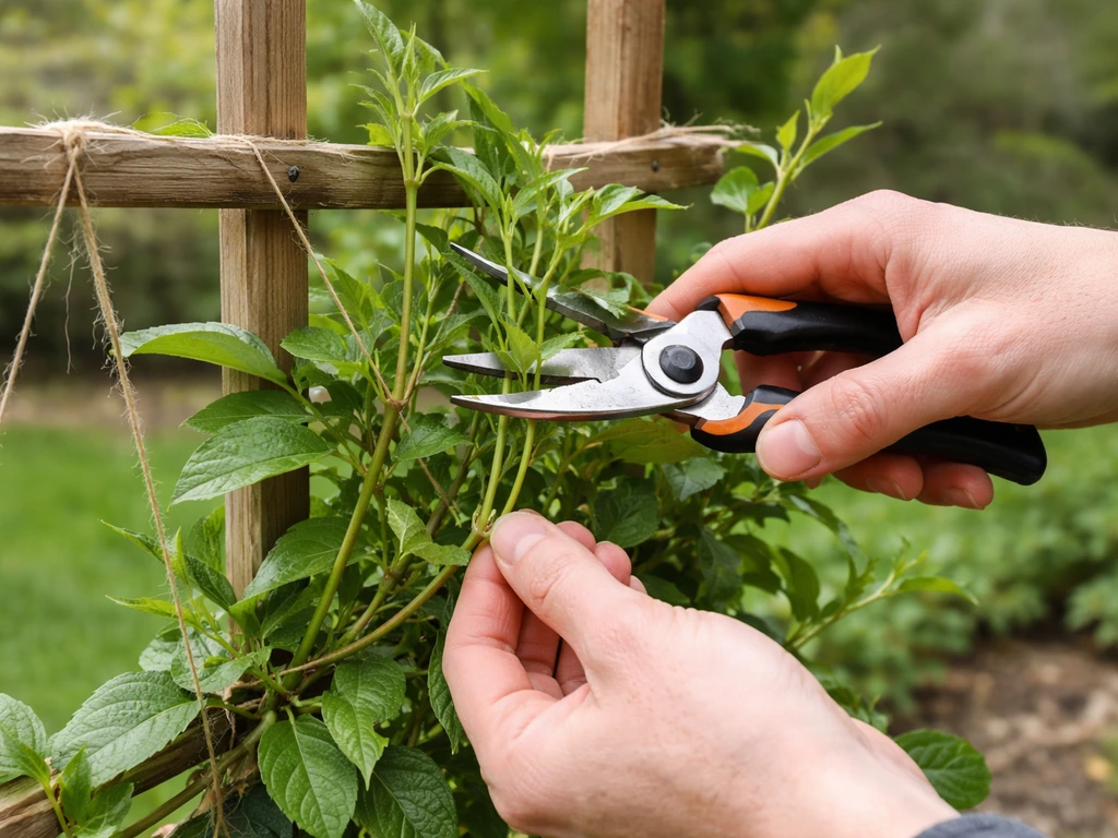 Close-up of hands using pruning shears to cut mandevilla stems back about a third outdoors