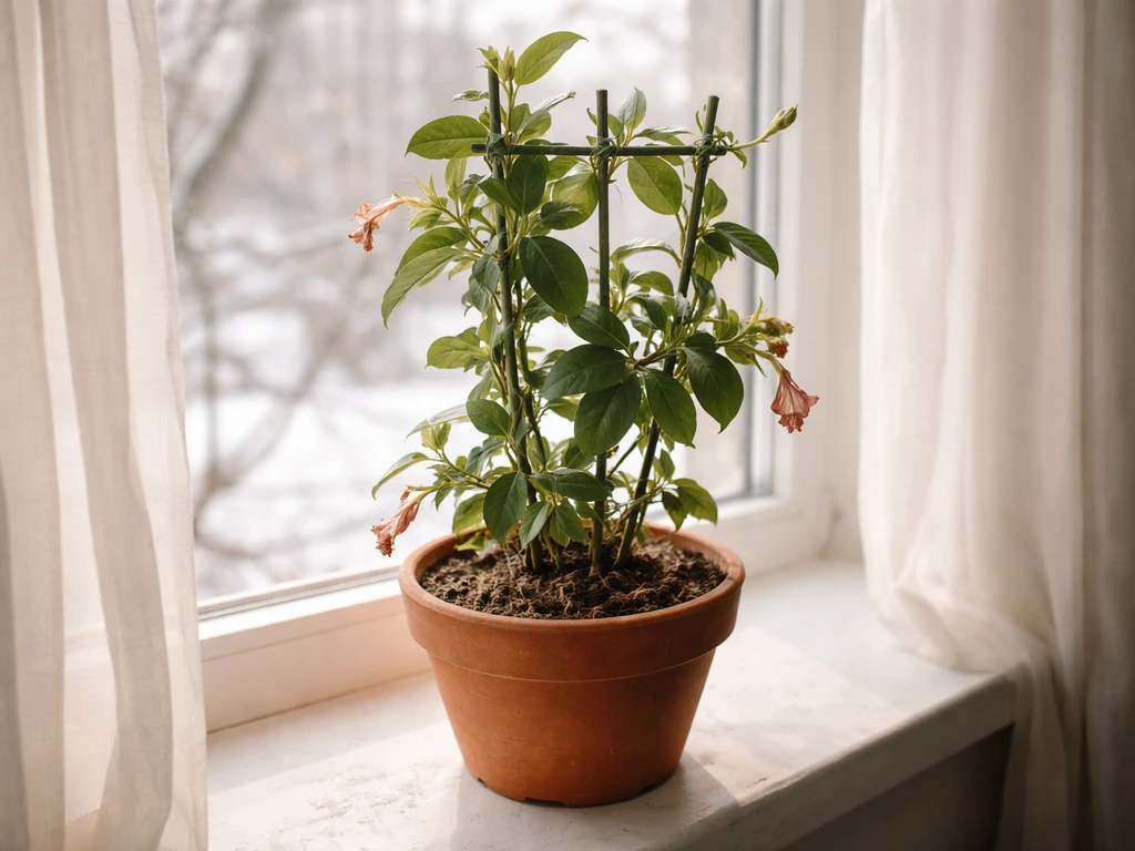 Mandevilla in a terracotta pot by a window indoors, with soil top layer slightly dry.