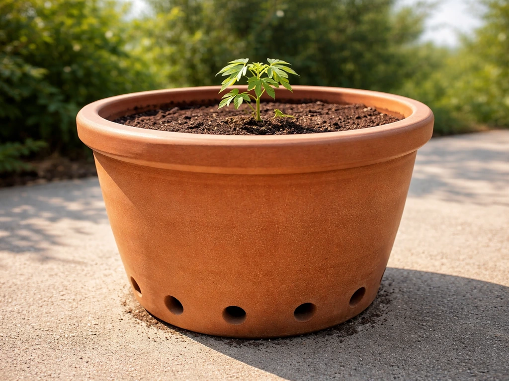 Large terracotta pot with visible drainage holes on a sunny patio near green papaya leaves.