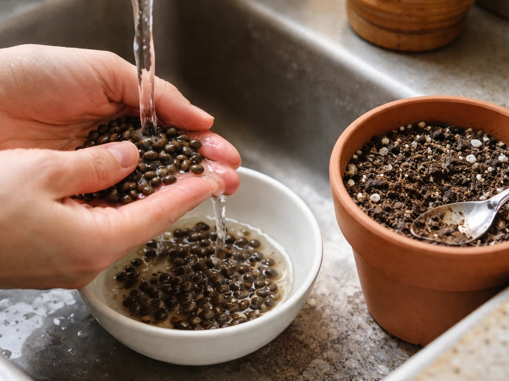 Fresh papaya seeds being rinsed and rubbed clean beside a small pot of potting mix.