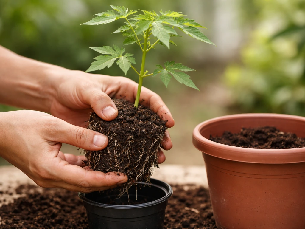 Hands carefully move a young papaya seedling from a small pot to a larger container without disturbing roots.