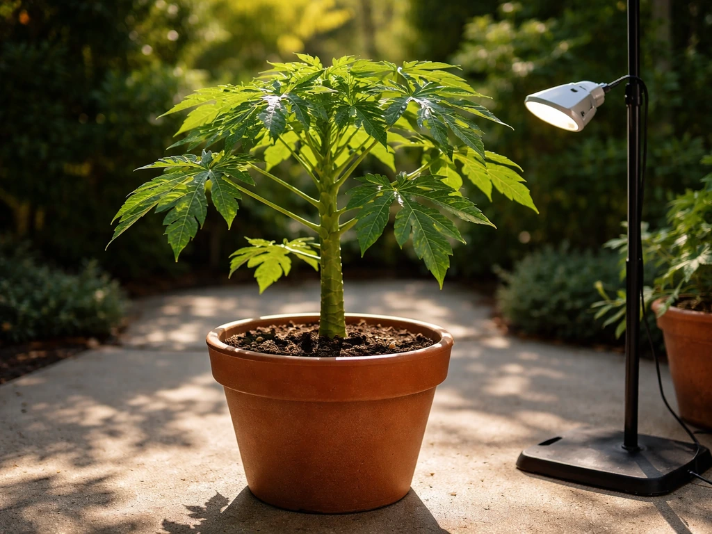Potted papaya plant under strong sun, with optional nearby grow light for indoor placement.