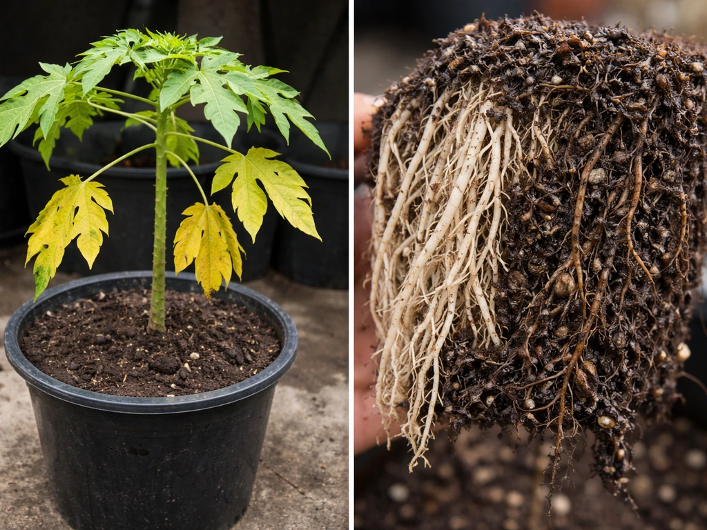 Left shows yellowing potted papaya leaves; right shows close view of healthy roots vs mushy rotted roots.