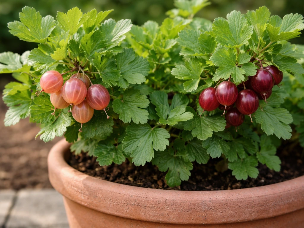 Close-up of mildew-resistant gooseberries growing in a container, with healthy pinkish-red berries on compact plants.