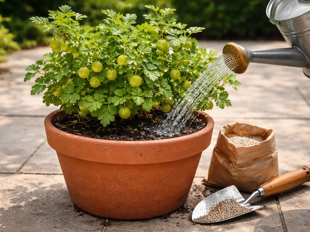 Gooseberry in a terracotta pot in full sun, watering can pouring at the soil with fertilizer nearby.
