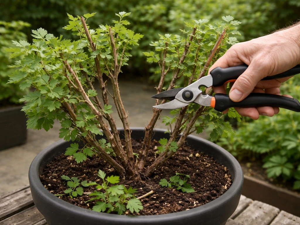 Gardener’s hand pruning a container gooseberry bush with secateurs, forming an open goblet-shaped center.
