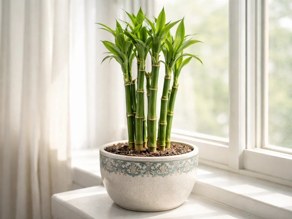 Healthy lucky bamboo in a decorative pot by a bright indoor window with roots in dark soil.