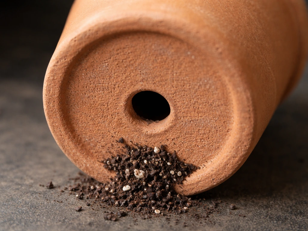 Close-up of an unglazed terracotta pot base with a visible drainage hole.