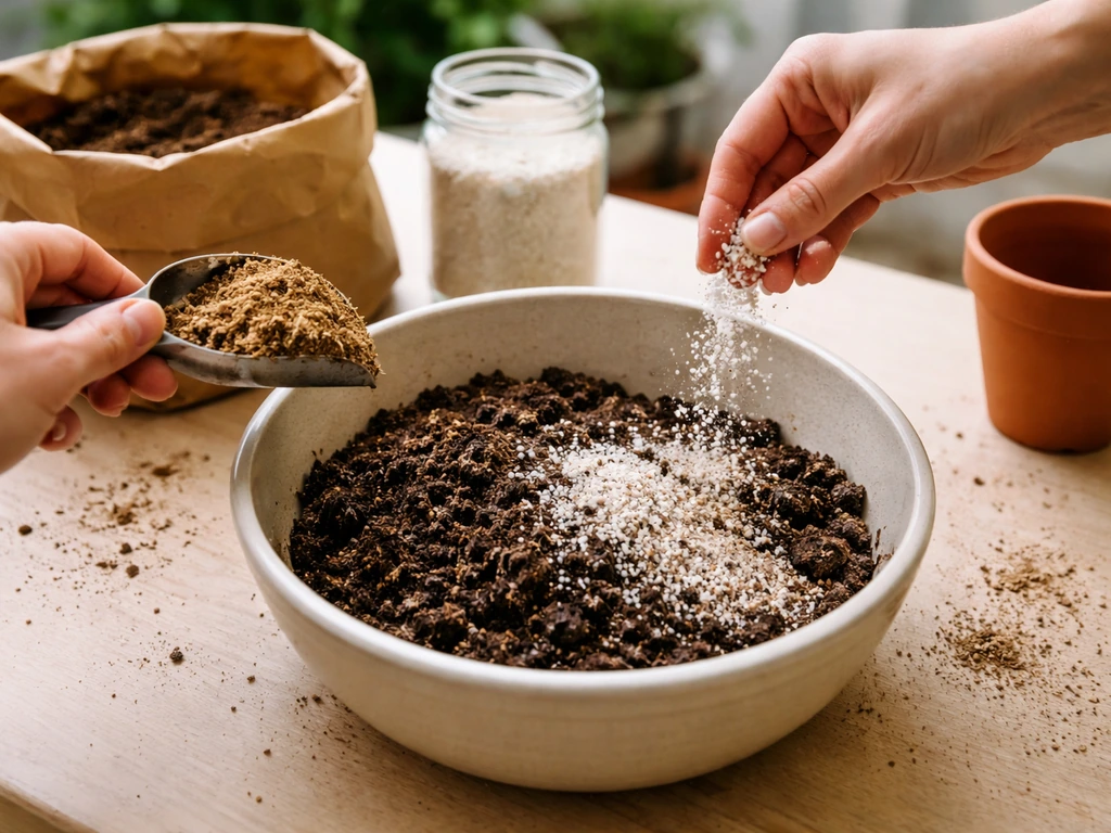 Hands mixing peat moss and perlite/sand in a small bowl for potted lucky bamboo soil.