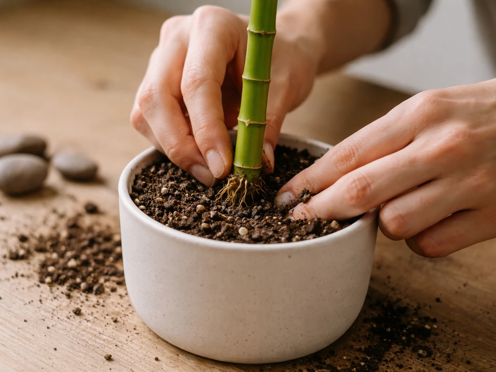 Hands place a green bamboo stalk centered in a pot and backfill soil around the roots.