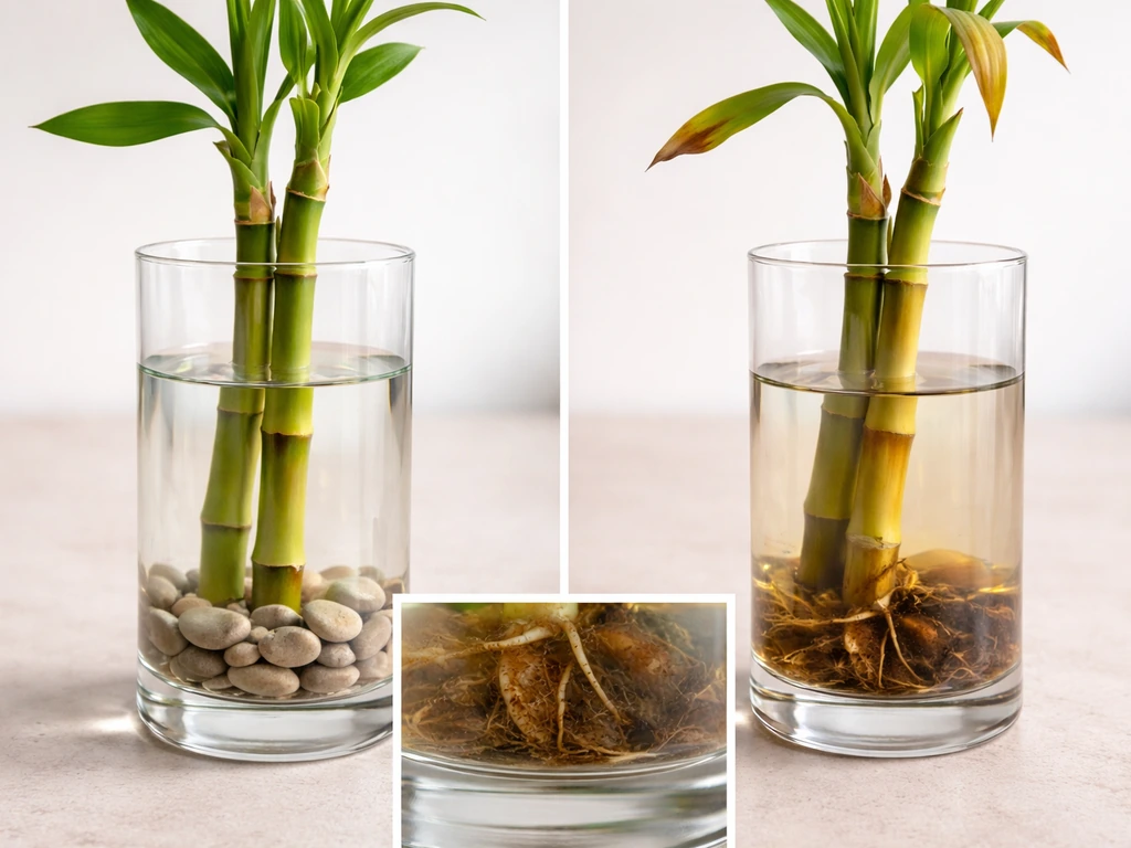 Close-up of healthy lucky bamboo with green stems beside another with yellow stems and brown tips, plus a small rot clue