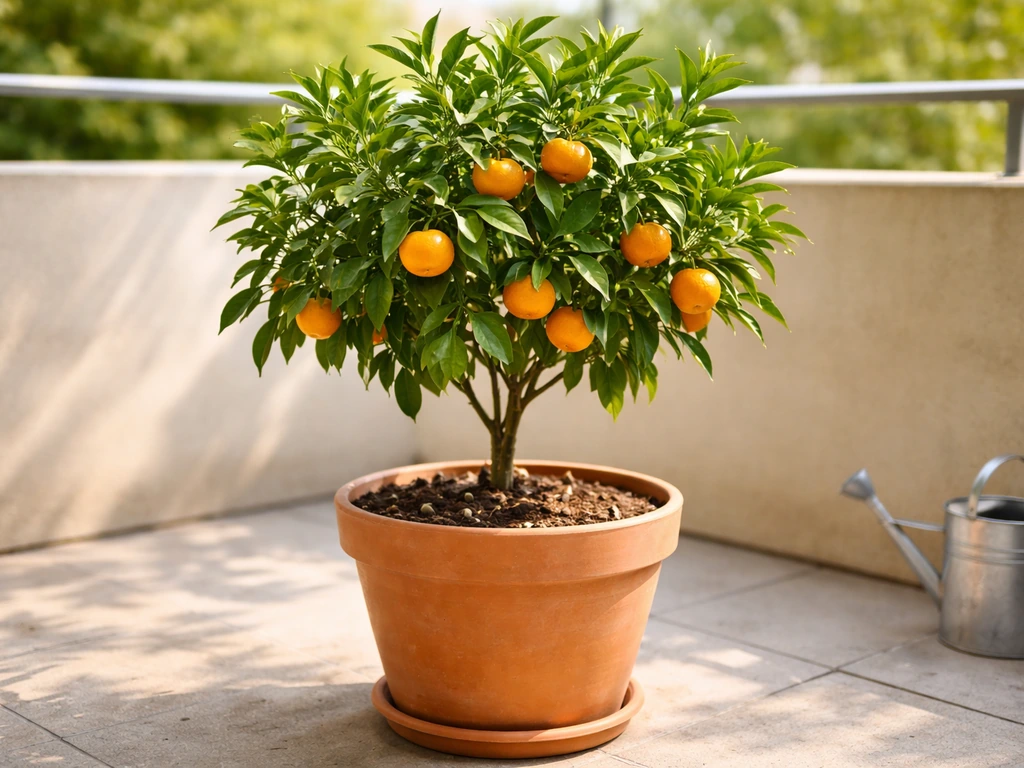Healthy potted tangerine tree with nearly ripe fruit on a sunny patio, beginner-friendly home gardening scene.