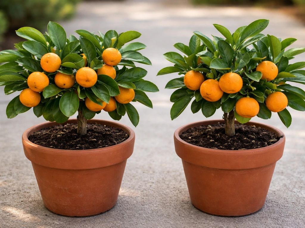 Close-up of small potted tangerine fruits and leaves, featuring Clementine- and Satsuma-like varieties side by side.