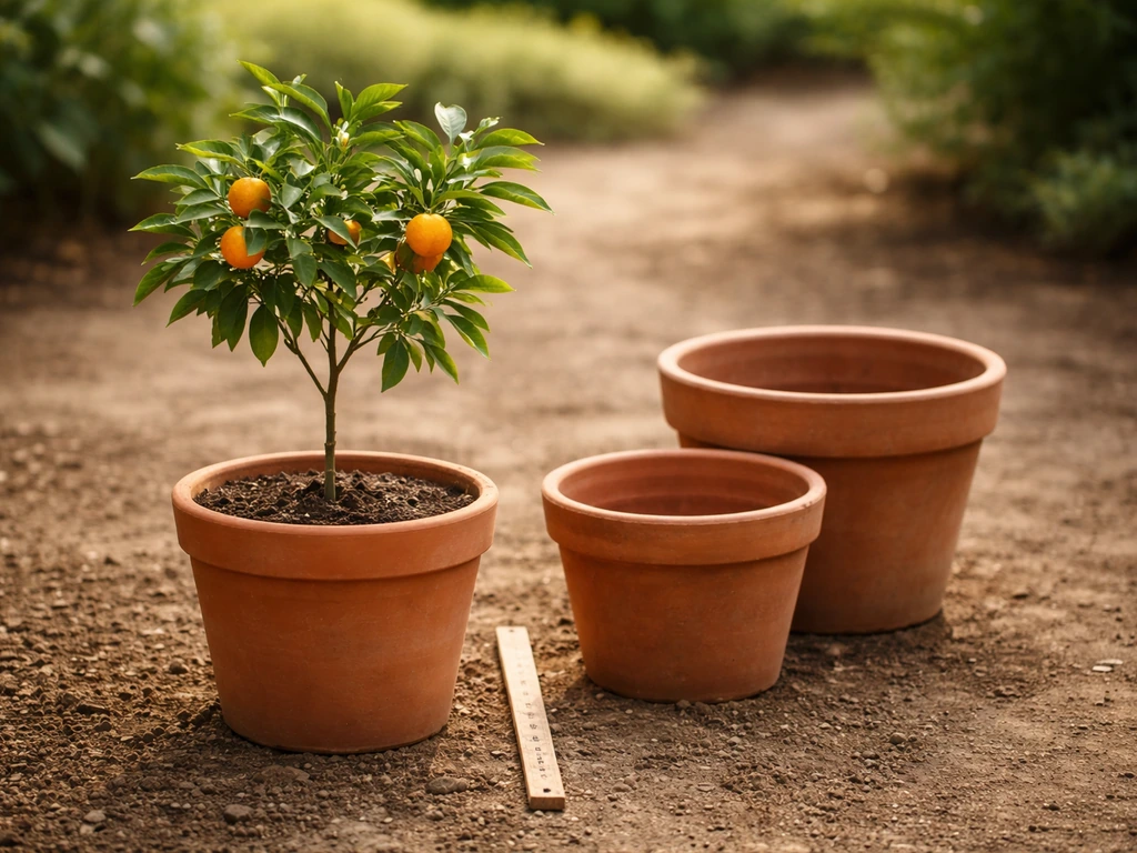 Young tangerine sapling in a terracotta pot with larger empty pots nearby and a measuring stick on the ground.