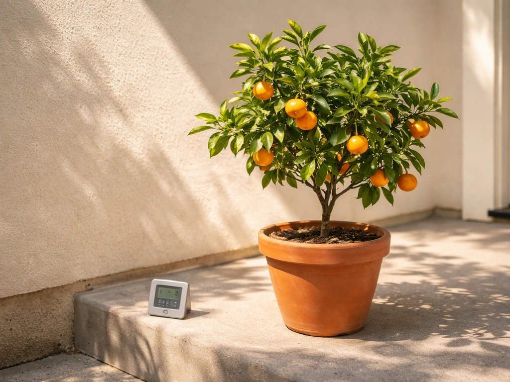 Sunlit patio with a tangerine tree in a terracotta pot and a nearby thermometer as a warmth reference.