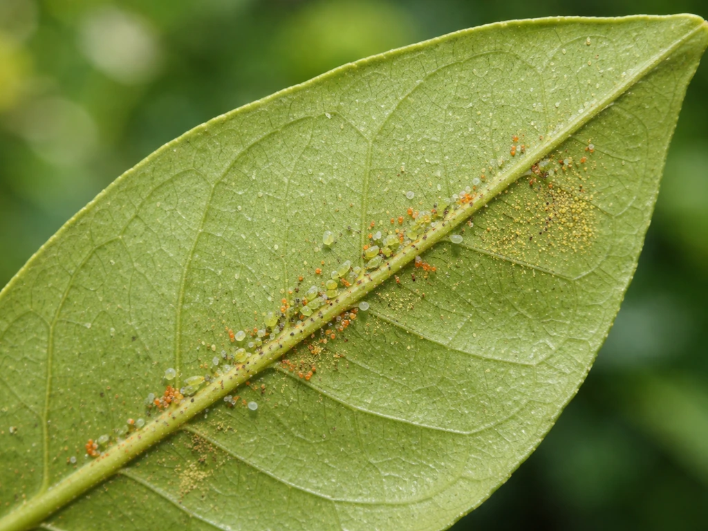 Close-up of citrus leaf underside showing tiny spider mites/aphids and slight damage.