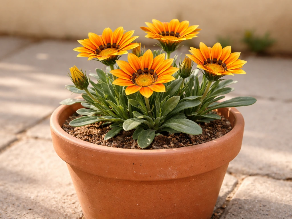 Compact gazania flowers growing in a terracotta pot on a sunny patio