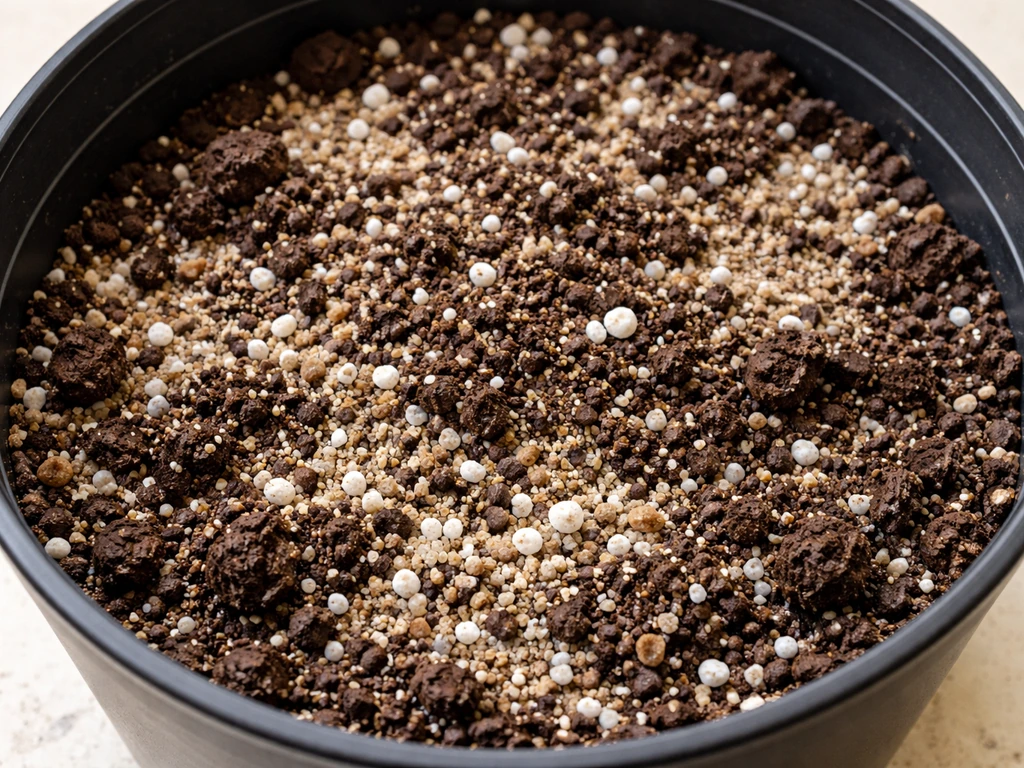 Close-up of potting soil mixed with coarse sand/grit and perlite for fast drainage.