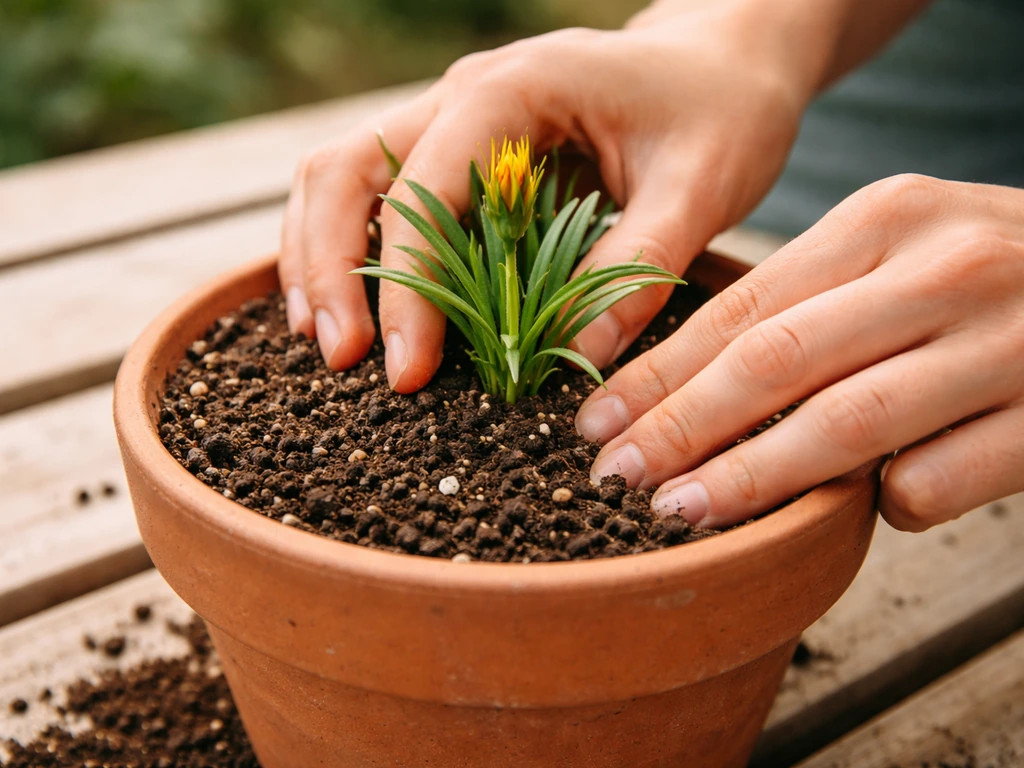 Hands transplanting a gazania seedling into a pot, keeping the crown above the soil level.