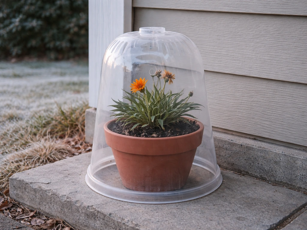 Gazania in a terracotta pot under a clear cloche in a sheltered area for winter frost protection