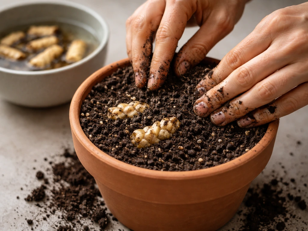 Hands covering rhizome pieces in a pot with potting mix beside a bowl of water.