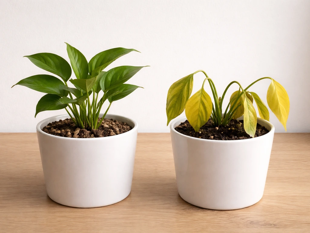 Two small potted plants side by side: one healthy green leaves, one drooping yellow with damp soil near pot
