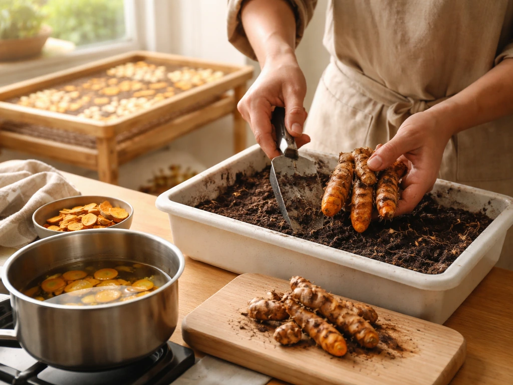 Fresh turmeric rhizomes being dug, sliced, boiled, and sun-drying on a simple rack.
