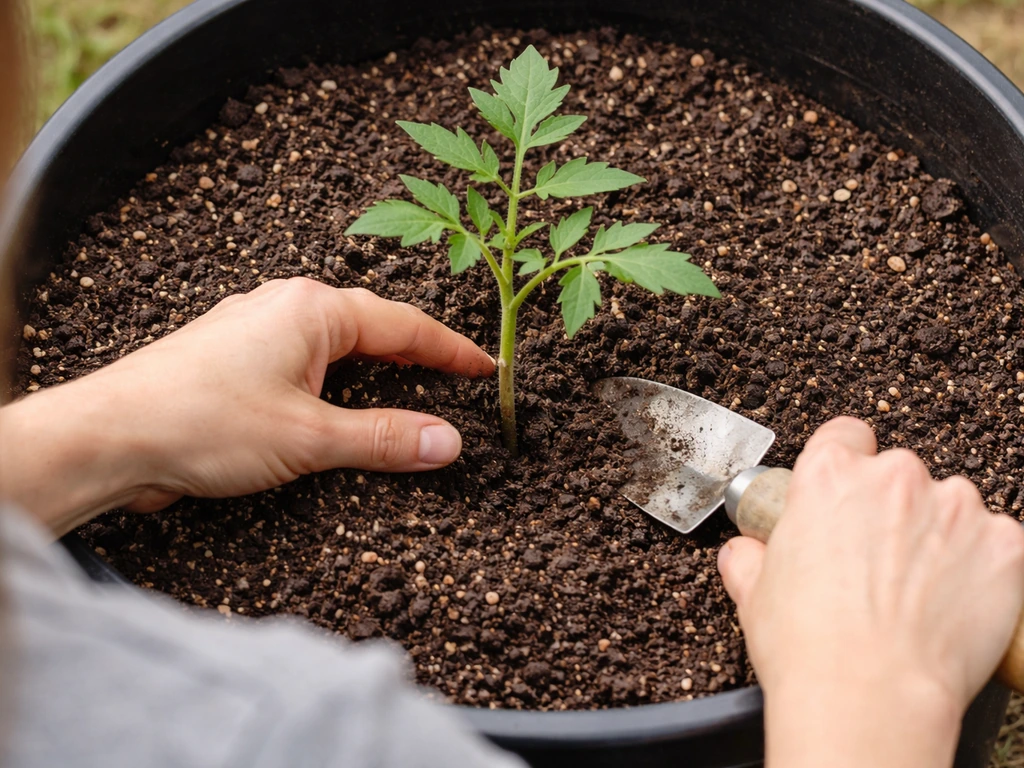 Planting a container plant at the correct depth with soil pressed around base