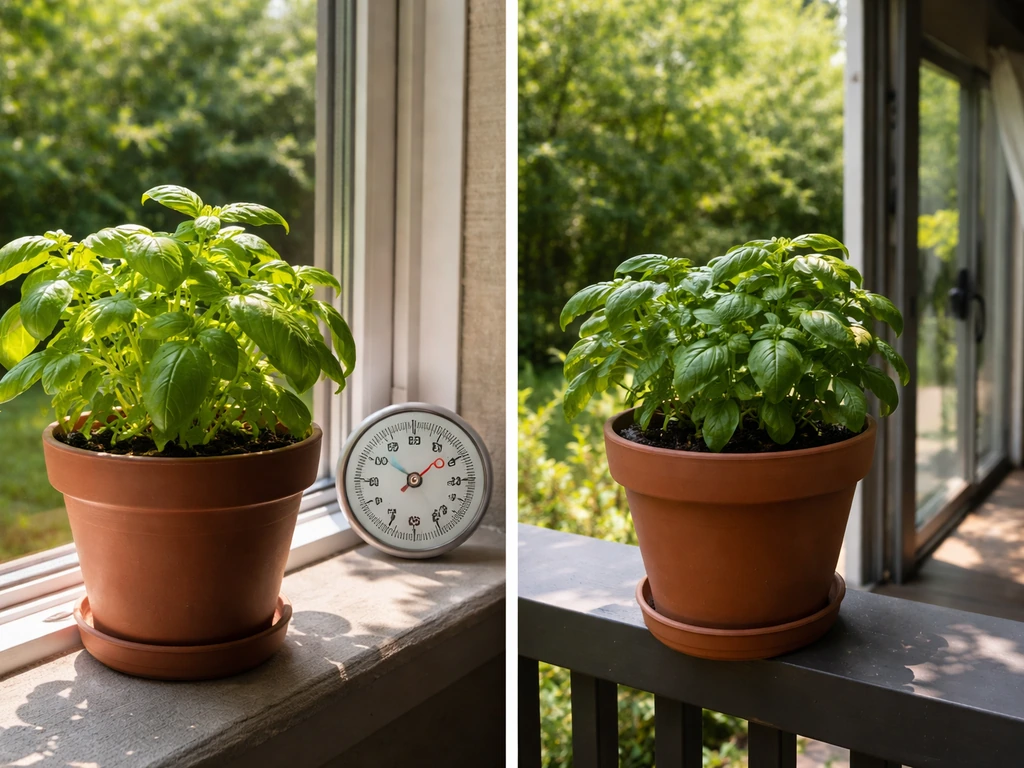Two potted plants placed in different light levels for temperature control