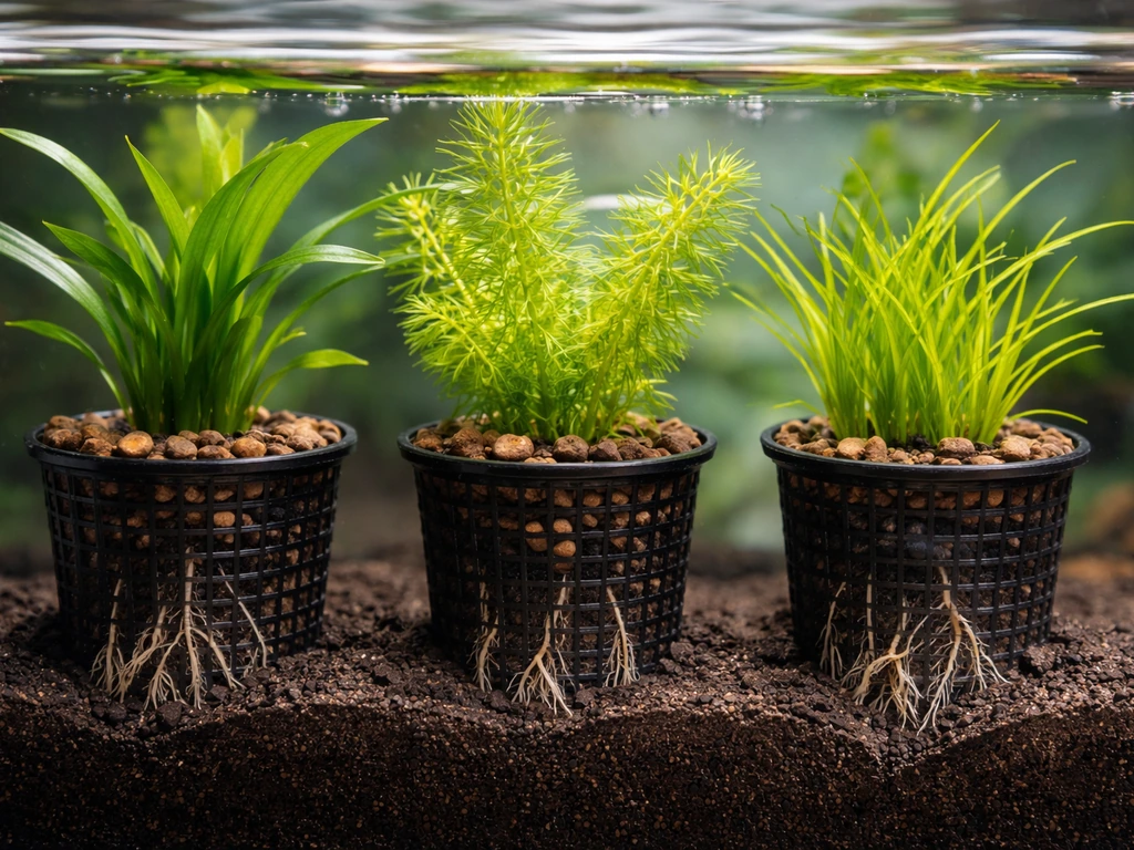 Aquarium plants in partially submerged mesh baskets with visible roots and substrate inside a tank.