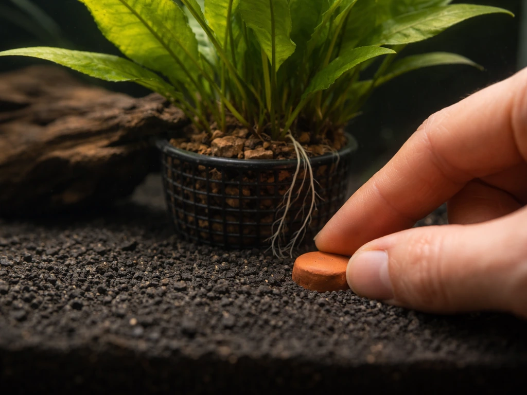 Person pressing a root tab into aquarium substrate beside a potted Java fern in a low-light basket.