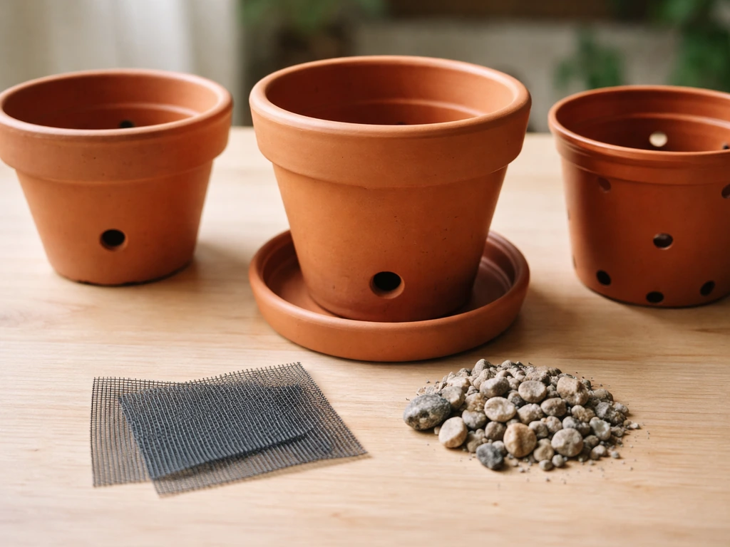 Close-up of fern pot options with drainage holes and a saucer, plus gravel/mesh for safe drainage