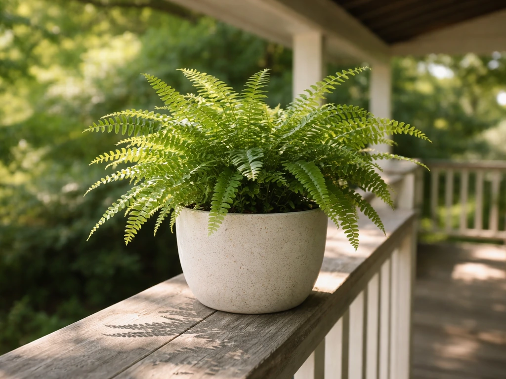 Potted fern on a covered porch in dappled shade with soft filtered sunlight.