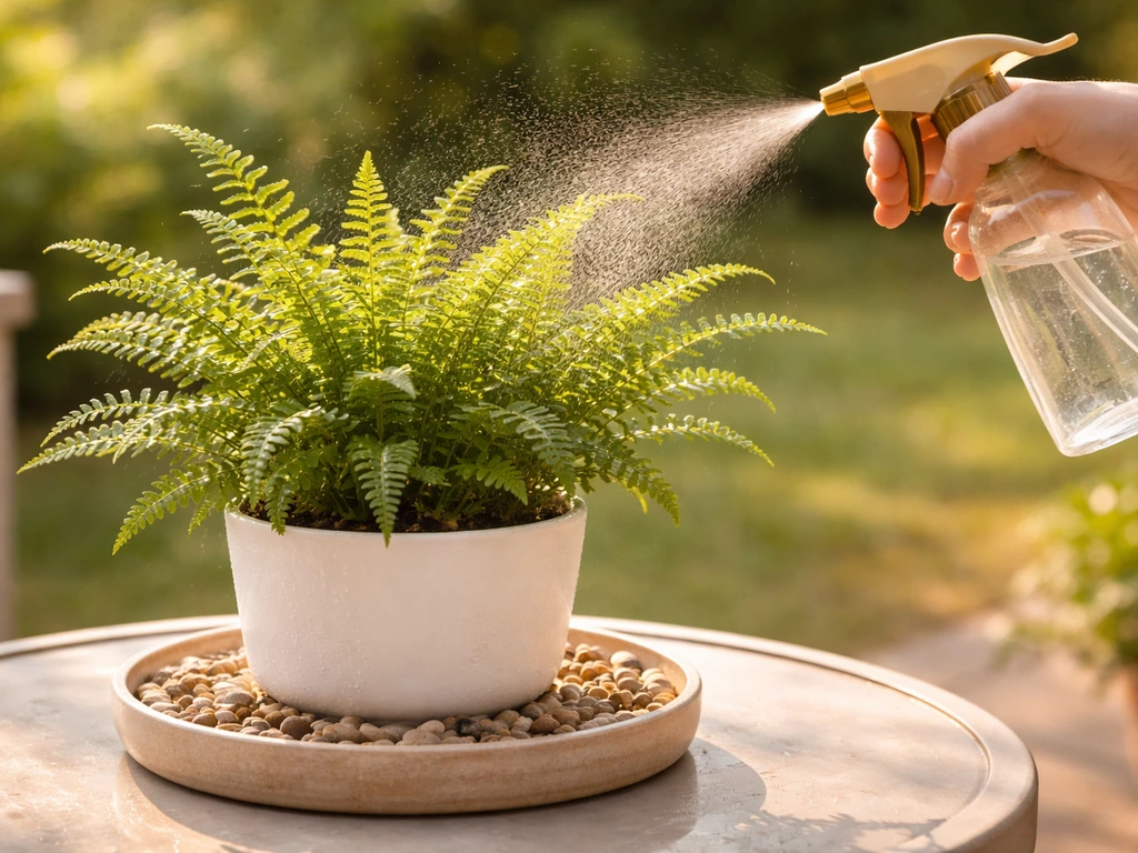 Potted fern on a patio getting a gentle mist, with a pebble tray at the base to boost humidity.