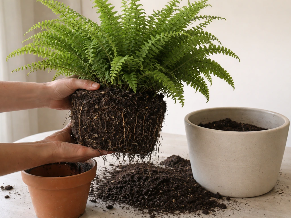 Boston fern lifted from an old pot showing crowded roots, then settled into a larger pot with fresh potting mix