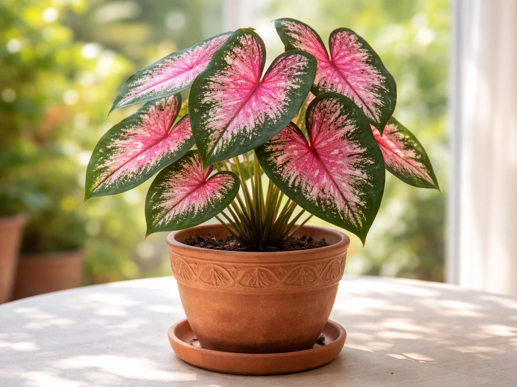 Colorful caladium leaves in a decorative terracotta pot in bright natural light.