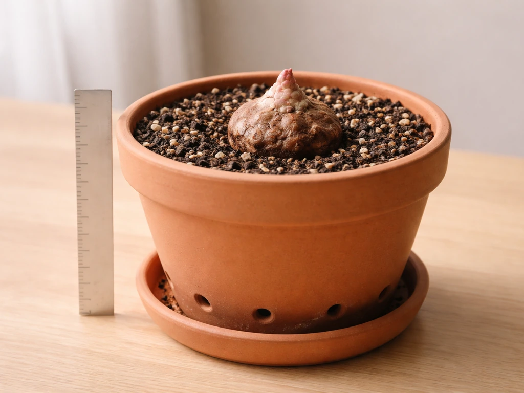 Caladium tuber in a well-draining pot with visible drainage holes and a size reference by the rim.