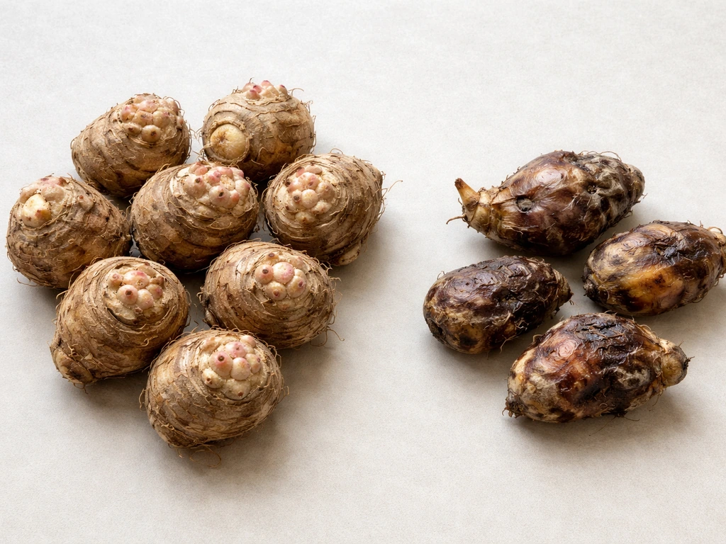 Top-down view of firm caladium tubers with bumpy eyes next to a few mushy shriveled tubers.