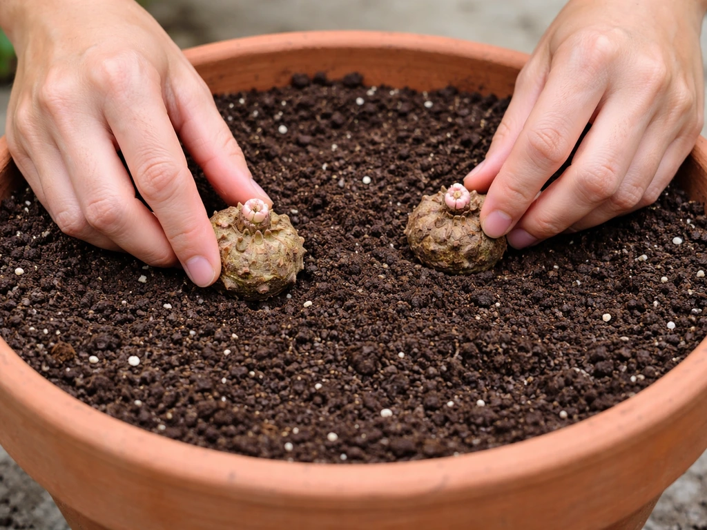 Hands gently placing caladium tubers in a pot, eyes up, with soil depth clearly visible.