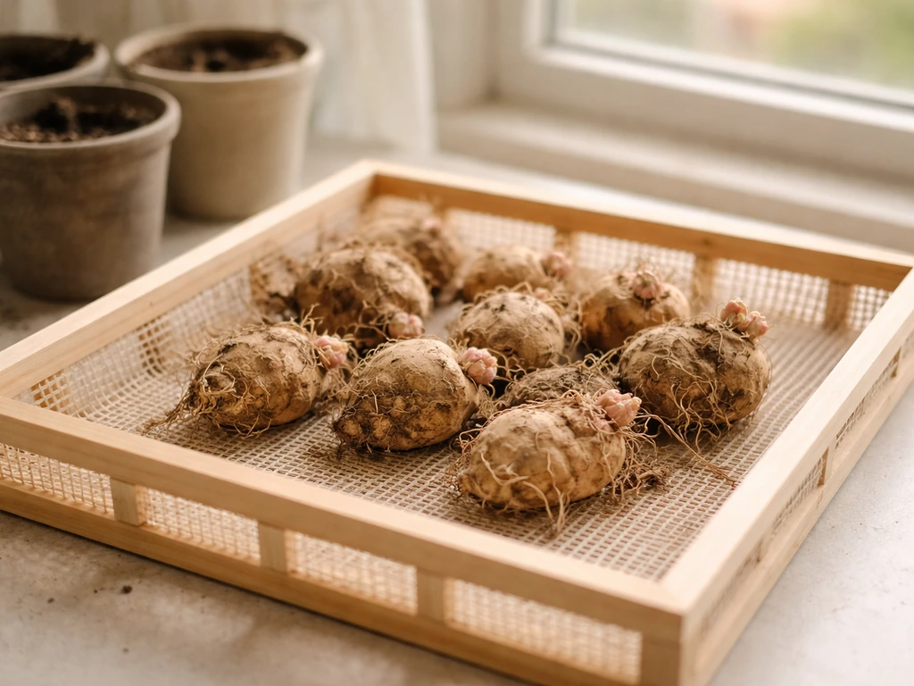Caladium tubers unwashed and air-drying on a breathable tray beside emptied pots in warm light.