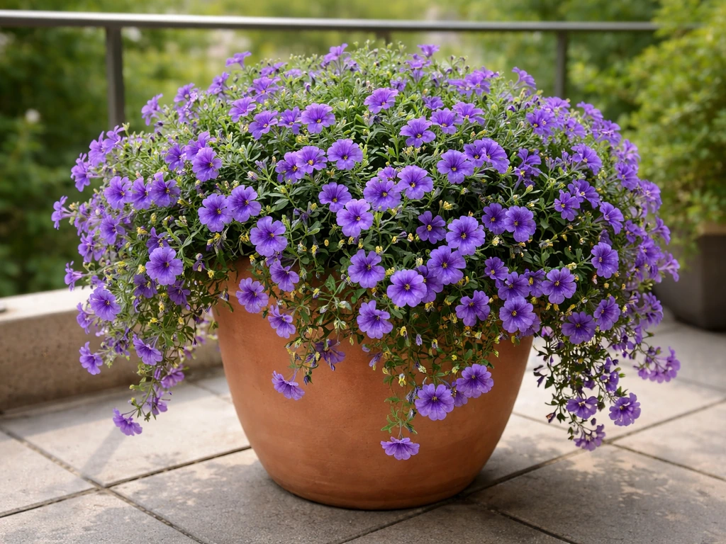 Vivid purple-blue calibrachoa spilling from a balcony pot in full bloom